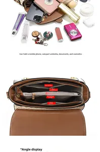Detailed view of brown leather bag with five inner compartments for large capacity storage