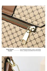 Detail view of back hidden zipper pocket on monogram crossbody bag with gold hardware