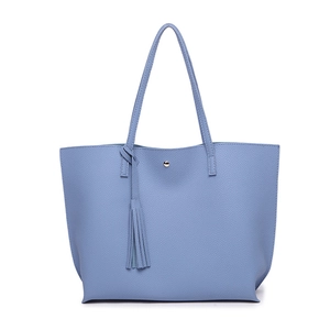 Detailed view of smog blue litchi pattern tote bag with golden buckle and tassel
