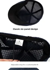 Detail of adjustable strap and breathable navy mesh fabric on cotton polyester cap