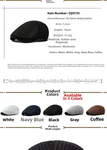 Detailed size parameters for the mesh newsboy cap including 56-60cm adjustable circumference