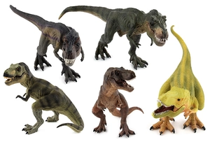Detailed view of five solid T-Rex dinosaur models with realistic skin textures and colors