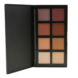 Detail view of 8-color matte and shimmer neutral eyeshadow palette in a sleek black case