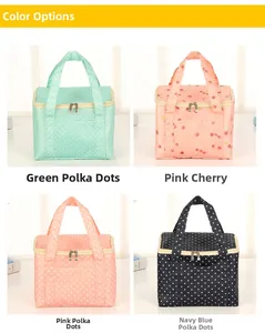 Collage of insulated lunch bags with polka dot and cherry patterns in four vibrant colors