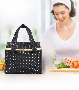 Polka dot Oxford fabric lunch bag with dual zippers and insulated thermal lining