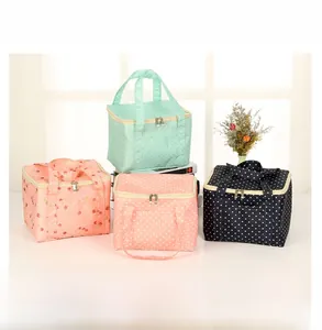 Detail view of four insulated lunch bags in assorted patterns with dual zippers