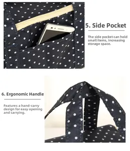 Close-up of side storage pocket and reinforced handles on blue polka dot lunch bag