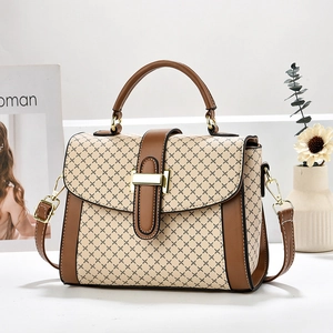 Retro PU Leather Handbag For Women Geometric Plaid Crossbody Bag Elegant Vintage Top Handle Shoulder Bag Gold Hardware