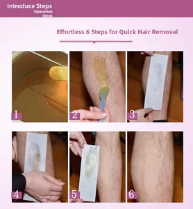 6-step visual guide showing honey wax hair removal process on legs with non-woven strips