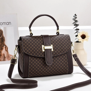 Large capacity vintage brown monogram leather handbag with adjustable shoulder strap