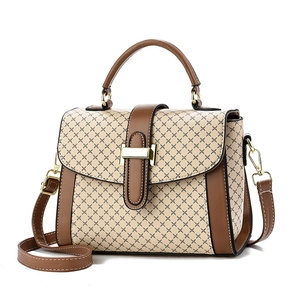 Minimalist large capacity crossbody handbag with brown leather and beige lattice pattern