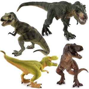 Set of four realistic T-Rex dinosaur figures in green, grey, and brown colors