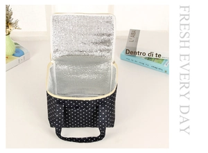 Detailed view of the insulated lunch bag with aluminum foil lining and polka dot pattern