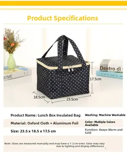 Oxford cloth lunch bag with black polka dots featuring aluminum foil for thermal insulation