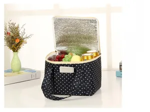 Detail of insulated lunch bag with black polka dot design and silver foil lining