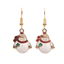 Close-up of Christmas snowman earrings with red scarf and green stars on gold hooks