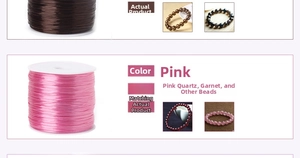 Detail of pink and brown 0.7mm elastic beading thread with beaded bracelet examples