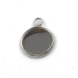 Detailed view of polished stainless steel round tray pendant base with hanging loop for DIY