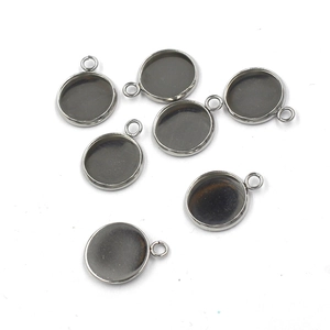 Polished stainless steel round pendant tray settings with loops for jewelry making