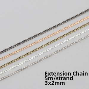Detailed view of 3x2mm DIY extension chains in five metallic finishes for jewelry making