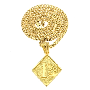 Hip-hop gold-plated 1%er pendant necklace with Cuban chain on a white background