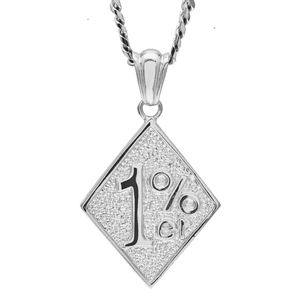 Detail of silver rhombus pendant with 1%er embossed texture and twisted rope chain
