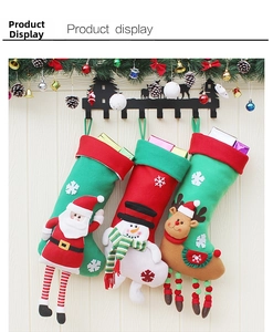 Detailed view of 3D Santa, snowman, and reindeer Christmas stockings with snowflake patterns