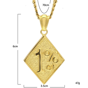 Gold 1%er engraved hip hop dog tag pendant with frosted finish on a long rope chain
