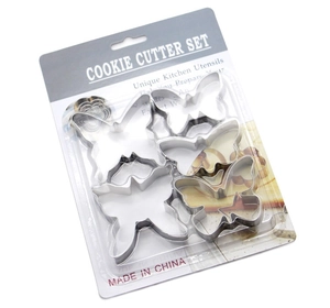 Five-piece stainless steel butterfly cookie cutter set in retail blister packaging