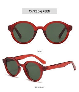 Detailed front and 45-degree angle views of red transparent sunglasses with green lenses