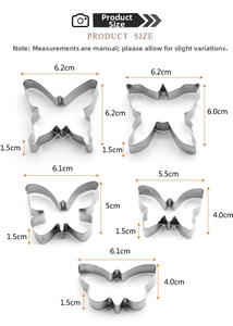 Detailed size chart for five butterfly-shaped stainless steel cookie cutters in silver