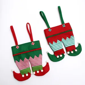 Christmas elf pants gift bags in red and green felt with striped legs and hanging loops