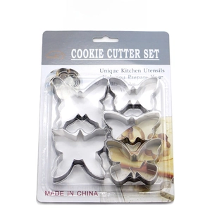 Detail of 4-piece butterfly stainless steel cookie cutter set in blister card packaging