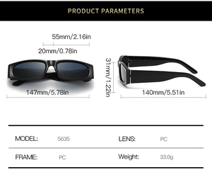 Detailed size parameters for small rectangular sunglasses with 147mm frame width