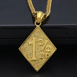 Gold plated hip hop necklace with 1%er engraved diamond pendant and cuban chain