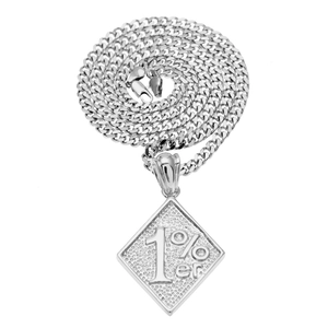 Macro view of 1%er textured diamond pendant on a silver-toned Cuban link chain