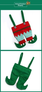 Detail of Christmas elf pants candy bags showing festive red and green felt textures