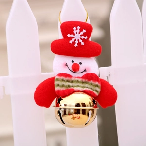 Cute snowman Christmas ornament with red top hat and golden metal bell for holiday trees