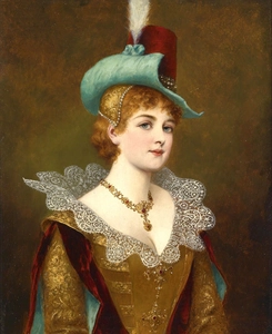 Classic vintage oil painting portrait of a lady wearing an elegant blue feather hat