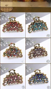 Close-up of vintage alloy hair claws with colorful rhinestones in six various styles