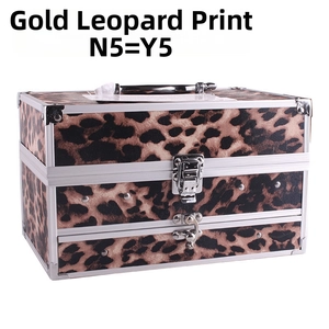 Maletín de maquillaje de tres capas con estampado de leopardo dorado y bordes de metal
