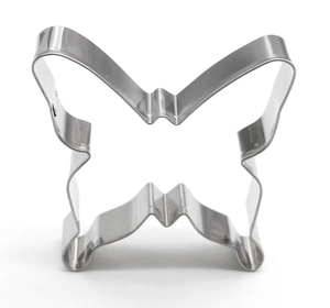 Close-up of a butterfly shaped stainless steel cookie cutter on a white background