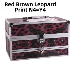 Detalle del maletín de maquillaje profesional con estampado de leopardo rojo y cierres