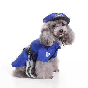 Detail view of blue pet police costume set including hat, belt and toy handcuffs