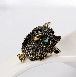 Macro shot of vintage owl brooch with antique gold texture and green gemstone eyes