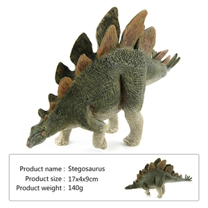 Detailed macro view of a realistic Stegosaurus dinosaur toy with texture and size specs