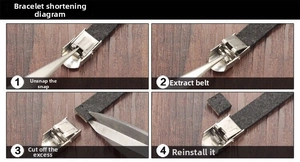 Detailed steps showing how to adjust and shorten the black leather bracelet strap
