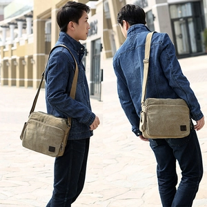 Khaki canvas messenger bag for men with adjustable strap and multi-pocket design