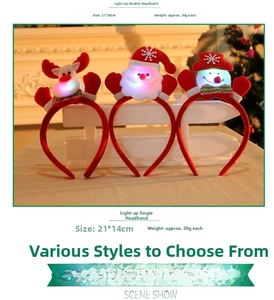 Detail showing glowing LED Christmas headbands with reindeer and Santa designs, size 21x20cm