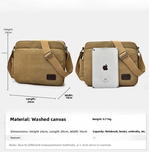 Detailed dimension guide for khaki canvas messenger bag showing size and capacity